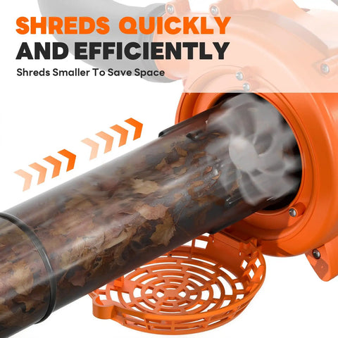 Beast 3-In-1 Gas Leaf Blower Mulcher And Vacuum With 450 CFM Air Flow And 200 MPH Velocity showcasing shredding efficiency.