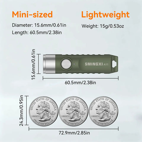 500 Lumen Rechargeable Keychain Flashlight With Magnetic Base USB C EDC Pocket Light size comparison next to coins