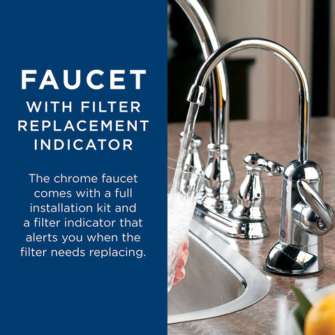 Chrome faucet of Under Sink Reverse Osmosis Water Filter System With Chrome Faucet And Easy Install Kit Pro Grade Filtration in kitchen.
