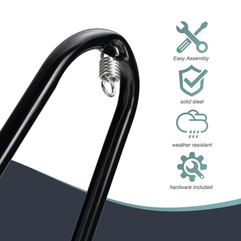 Close-up of Heavy Duty Hammock Chair Stand with Adjustable Steel Frame, showing easy assembly and weather resistance icons.