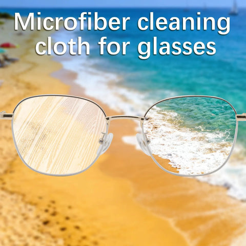 Metal-frame sunglasses with mirrored lenses reflecting a sandy beach on one side and ocean on the other.