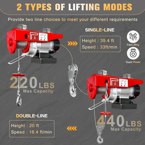 YATOINTO wireless electric hoist, red metal winch with wire rope and hook, dual-line setup; 440 lbs max capacity