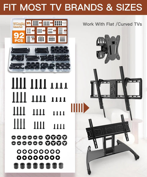 Universal TV Mounting Hardware Screw Kit With Box Including M4 M5 M6 M8 Screws Spacers And Washers For Most TV And Monitor VESA Mounts Up To 80 Inches Replacement Screws For Wall Mount shown with components and TV mount setup.