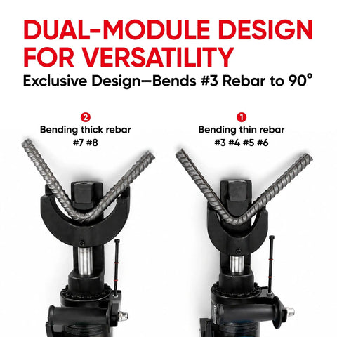 Dual-module design of Powerful 1500W Electric Hydraulic Rebar Bender bending #3 to #8 steel rods for versatility in construction.