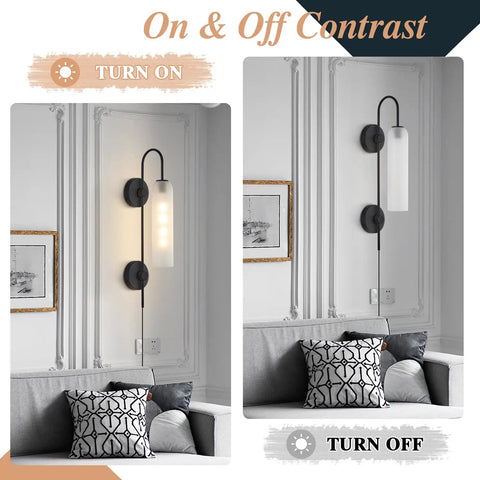 Black Plug In Wall Lights For Bedroom And Living Room, Frosted Milky White Glass Sconce Decor, on and off view on wall.