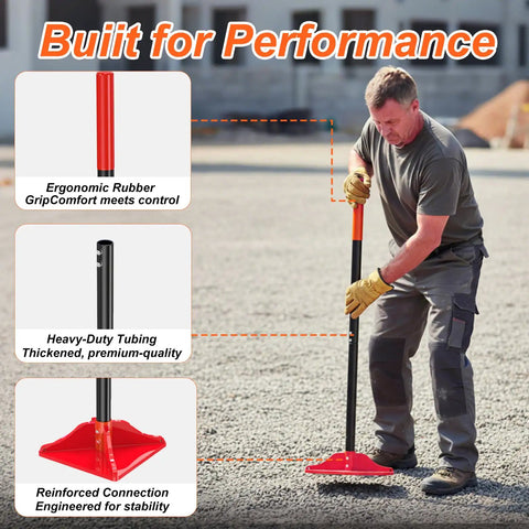 Man using 8 By 8 Inch Steel Tamper Tool With 48 Inch Handle, Heavy Duty Back Saver Hand Compactor on gravel, ergonomic handle detail.