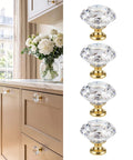Four Pack Of Straight Up Stunning Clear Gold Diamond Cabinet Knobs With Built Tough Zinc Alloy Bases And Just Pure Magical Glass Dresser Pulls For Weekend Home Makeovers displayed on a kitchen cabinet.