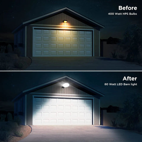 Comparison of garage lighting with 400 Watt HPS bulb before and 80W LED Barn Light Dusk To Dawn Outdoor 120V Hardwired after install
