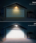 Comparison showing garage lighting before and after installing Hella Bright LED Barn Light 80W 120V Dusk To Dawn Outdoor Flood Lighting