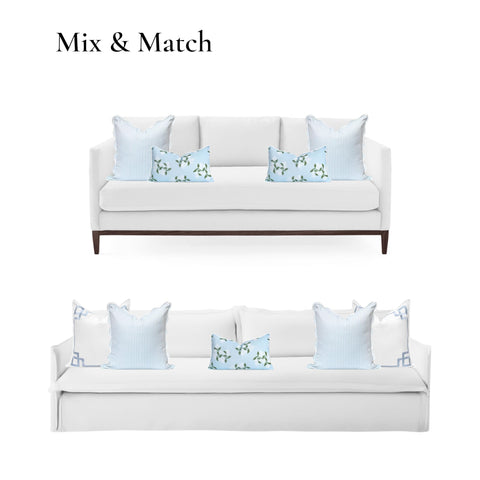 Coastal Throw Pillow Cover With Scalloped Edge, Water Repellent 20x20 Inches, Baby Blue Stripes on white couch setup