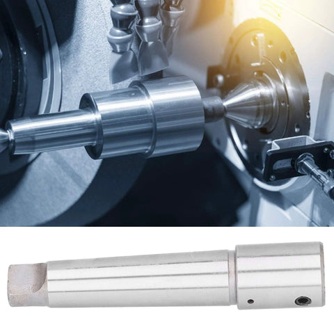 MT4 to R8 taper arbor drill adapter in steel; installed in lathe spindle with detached sleeve visible
