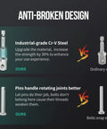 Infographic comparing industrial-grade Cr-V steel and pins to ordinary steel and bolts for enhanced jack adapter durability