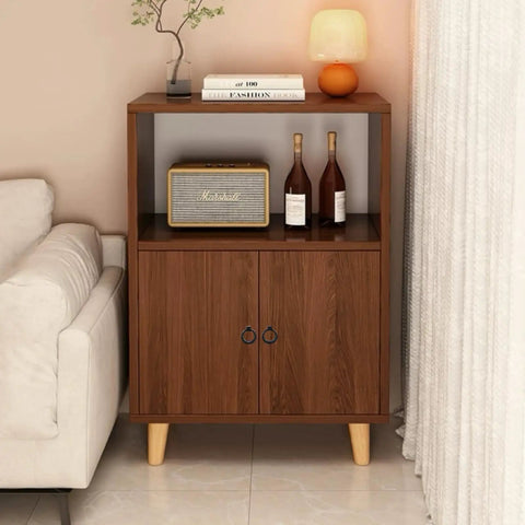 Wooden cabinet with 8 Piece Slick Matte Black Zinc Alloy Cabinet Ring Knobs With Screws, stylish storage solution in living room.