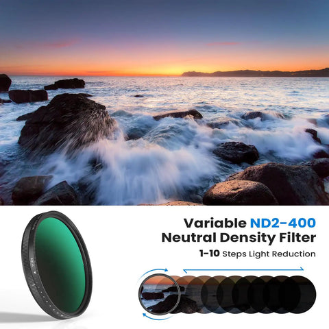 Dope 67mm Variable ND Filter 1 To 10 Stop For Phone And DSLR Cameras showcasing ND2-400 light reduction with scenic ocean view.