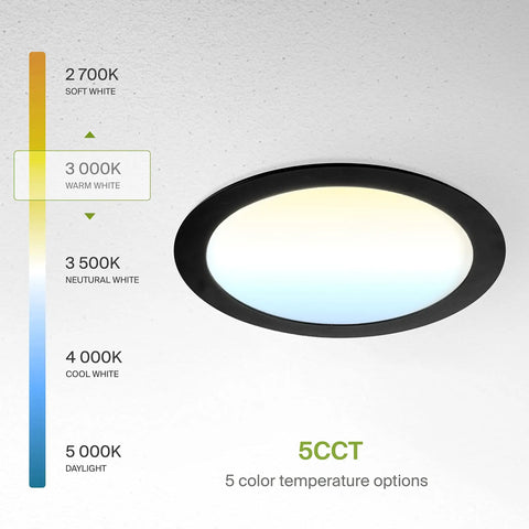 4 Pack 8 Inch LED Recessed Ceiling Lights, 20W, Five Color Temperatures 2700K to 5000K, CRI90, IC Rated, Easy Install, Ultra Thin Dimmable Canless Wafer Downlight, Round Slim Panel Lighting, UL Listed, Black