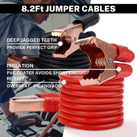8.2ft jumper cables with deep jagged teeth copper clamps, red PVC coating. Must Have Car Emergency Kit With Battery Jumper Cables A Go To Roadside Safety Kit For Cars Trucks And SUVs Ideal For Daily Drives And Weekend Adventures Black Gift For Men And Women.