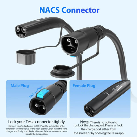 Heavy Duty 21 Foot NACS EV Extension Cord Supports Up To 50A At 240V, showcasing male and female plugs for easy charging.