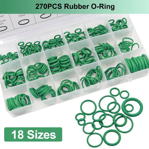Car AC Repair Kit With 270Pcs Green Rubber O Ring Set and 102Pcs Valve Core Kit in box, 18 sizes, for R12 R134a systems