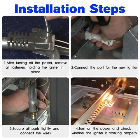 Installation steps for oven igniter showing four images of connection and testing, Oven Igniter Replacement For Gas Ranges Fits Most Models Replaces 5303935066 501A IG9998 WB13T10045 WB13K10026 WB13K0021 Easy Install Direct Fit No Fuss Heating With Fast Even Heat.