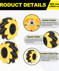 Four Pack Mecanum Wheel Set 48mm Omnidirectional Wheels For Smart Robot Cars And DIY Models Yellow ABS Rubber Left And Right