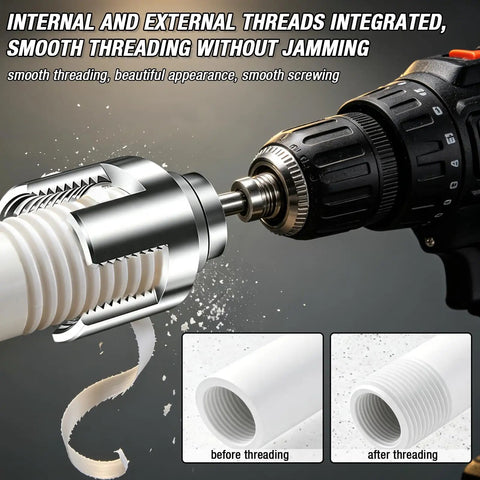 All in One Pipe Threader Kit for One Half, Three Quarters, and One Inch Pipes Internal and External Threading Tool demo with drill