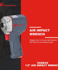 Half Inch Air Impact Wrench With Quiet Technology Up To 650 Foot Pounds Of Torque Ultra Compact And Light Weighs About Two Point Four Pounds Max Control For Big Jobs Like Heavy Duty Assembly And Suspension Work displayed.