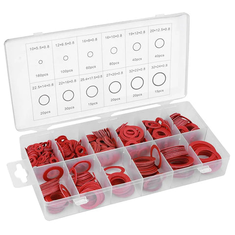 Heavy Duty Red Steel Paper Insulation Washers Kit With 600 Pieces In 9 Sizes For Transformer And Electrical Appliances Pro Grade Elastic And Abrasion Resistant Washers For Better Insulation And Secure Mounting. 9-size red washer organizer box
