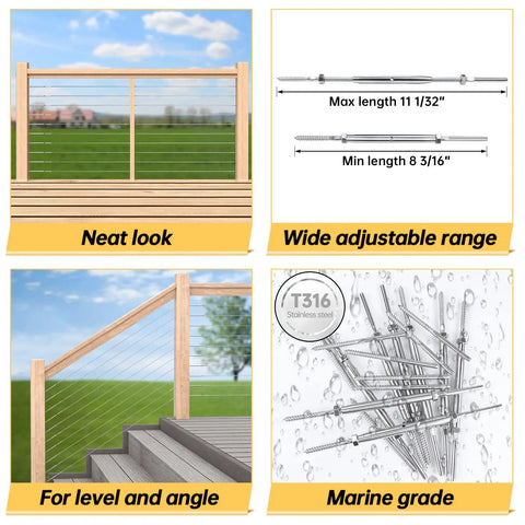Premium Cable Railing Kit For Wood Posts Decks And Stairs With T316 Stainless Steel Swage Lag Screws And Turnbuckles Hardware