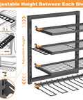 Heavy Duty Power Tool Organizer Wall Mount With Four Layer Storage Rack And Drill Holders Cordless Tool Shelf For Garage Workshop Metal Wall Mount Shelving Unit Pegboard Compatible With Side Screwdriver And Pliers Slots, shown with adjustable shelves.
