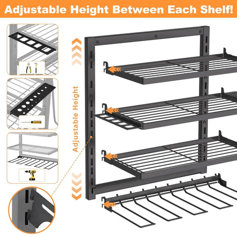 Heavy Duty Power Tool Organizer Wall Mount With Four Layer Storage Rack And Drill Holders Cordless Tool Shelf For Garage Workshop Metal Wall Mount Shelving Unit Pegboard Compatible With Side Screwdriver And Pliers Slots, shown with adjustable shelves.