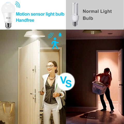 Comparison of motion sensor LED bulb with traditional bulb, illustrating automatic lighting feature at a doorway