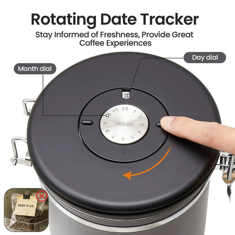 Top view of Airtight Stainless Steel Coffee Canister 39oz Large Storage Container showing rotating date tracker for freshness.