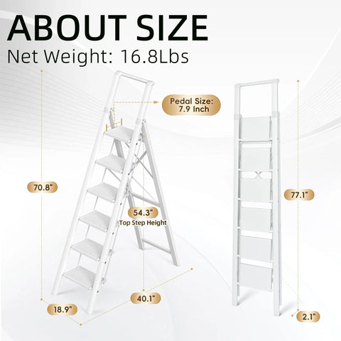 Six Step Ladder With Wide Pedal For Reaching 12 Foot Ceilings, Tall Step Stool For Ceiling Fans And Closet Organization, No Slip Treads, Heavy Duty Home Maintenance Ladder, 70.8 in