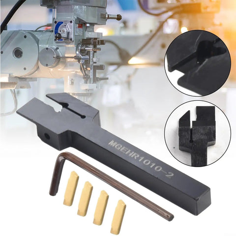 Lathe Tool Holder System For 10mm MGEHR1010 Turning Tools With Four MGMN200 Grooving Inserts For Rock Solid Durability Precise Metalworking And Smooth Efficient Cutting, black holder with inserts