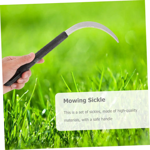 Hand holding sickle from Five Piece Long Handle Garden Tool Set For Mowing And Weeding With Root Remover And High Carbon Steel Blades.