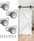 Mini Side Mount Casters 1 Inch Low Profile Rubber Wheels For Sliding Doors Drawers Cabinets Quiet Rolling, set of 4 with screws next to door.