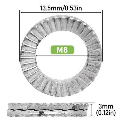 10 Pack Hot Shot Silver M8 Precision Wedge Locking Washers Crafted From Badass 65 Manganese Steel Featuring Ultra Double Interlock Grip For Zero Sweat Bolt Security dimensions shown.