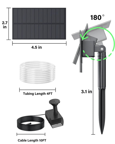 Diagram of Solar Water Fountain Pump For Bird Bath And Pond Outdoor Garden Pool Backyards 1.5W with parts and dimensions.