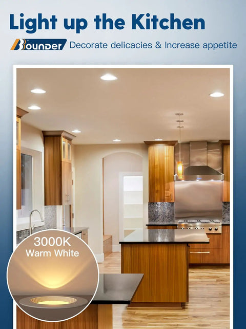Kitchen with 12 Pack 4 Inch LED Can Lights Retrofit Recessed Downlights With Baffle Trim Dimmable 8.5W Equivalent To 60W 3000K