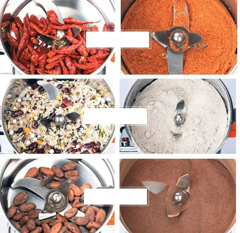 Beast Mode Heavy Duty 2000g Electric Grain Grinder Mill pulverizing cereals, herbs, and spices into fine powder in kitchen use.