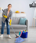 Woman using Top Shelf Commercial Loop End Wet Mop Head Refill 2 Pack 20 Inch Large Blue 4 Ply Synthetic Yarn for floor cleaning.