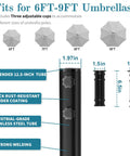 Dimensions and features of Beefed Up Heavy Duty Outdoor Umbrella Base With Five Wheels, Fillable to 100 lbs, for different pole sizes