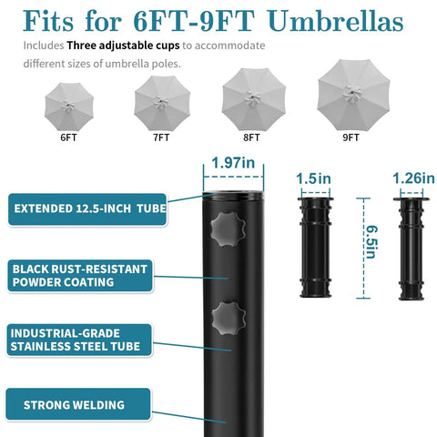 Dimensions and features of Beefed Up Heavy Duty Outdoor Umbrella Base With Five Wheels, Fillable to 100 lbs, for different pole sizes