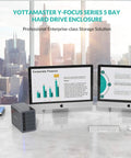 Five Bay Aluminum RAID Hard Drive Enclosure With Usb 3.0 Interface For 3.5 And 2.5 Inch Sata Hdd And Ssd Up To 120Tb Storage Capacity on a desk with dual monitors.
