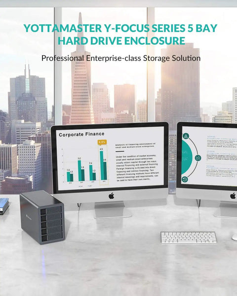 Five Bay Aluminum RAID Hard Drive Enclosure With Usb 3.0 Interface For 3.5 And 2.5 Inch Sata Hdd And Ssd Up To 120Tb Storage Capacity on a desk with dual monitors.