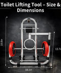 Toilet Lift Cart With Wheels, Seat Lifter, And Plumbing Dolly For Disabled Use, dimensions shown with red wheels and metal frame