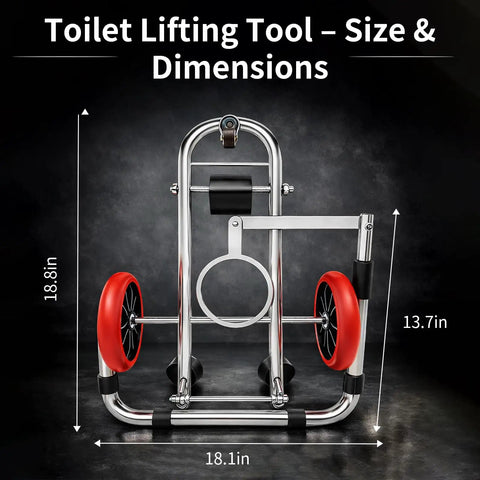 Toilet Lift Cart With Wheels, Seat Lifter, And Plumbing Dolly For Disabled Use, dimensions shown with red wheels and metal frame