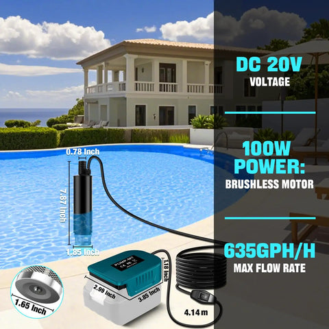 Plug And Go Submersible Water Pump Built For Makita 18V Batteries 635 GPH Heavy Duty Automatic Transfer Pump setup by pool