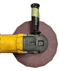 10 Inch Aluminum Oxide Sanding Pinwheel Beast Mode Durable For Drill 400 Grit Five Eighth Inch Arbor attached to yellow drill