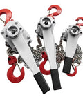 Heavy Duty 3 To 9 Ton Manual Lever Hoist Hand Chain Block showcasing three sizes with red hooks and chains for rigging.
